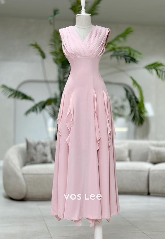 Simple Pink Pleated A Line Ruffles Long Evening Dress