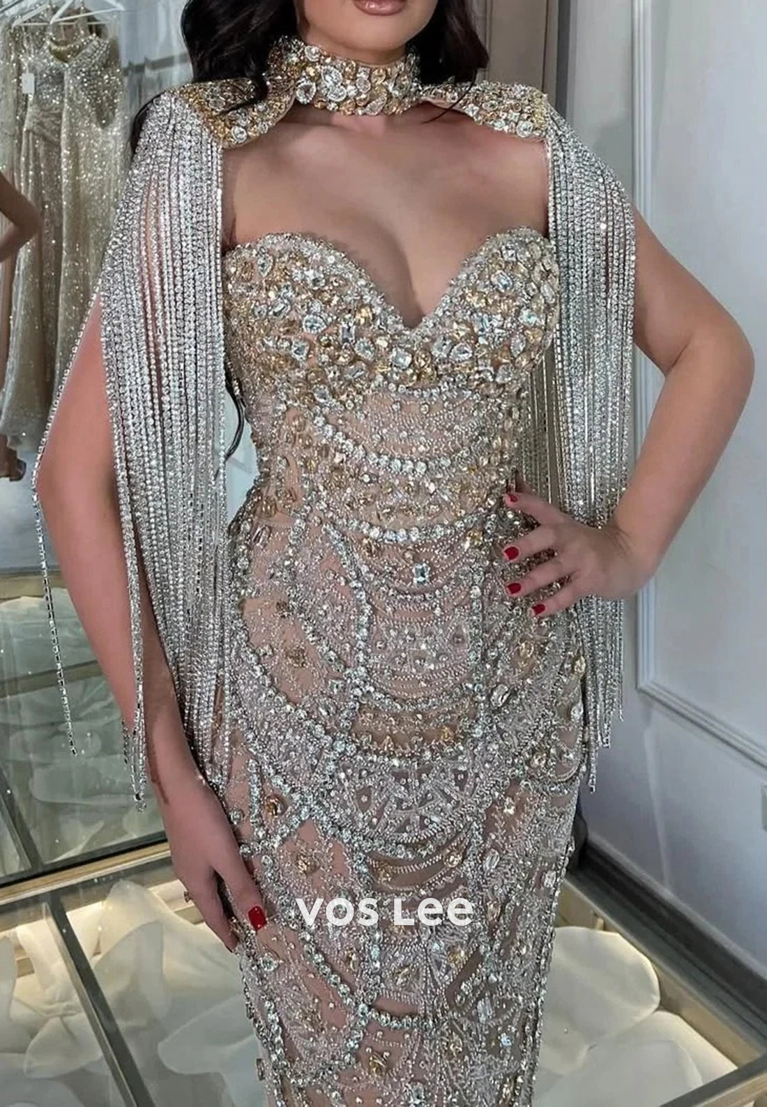 Beaded Fringe Sweetheart Fully Rhinestone Floor-Length Evening Dresses