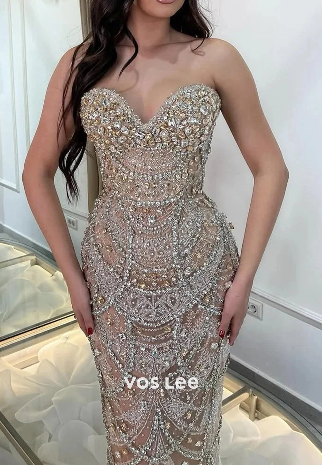 Beaded Fringe Sweetheart Fully Rhinestone Floor-Length Evening Dresses