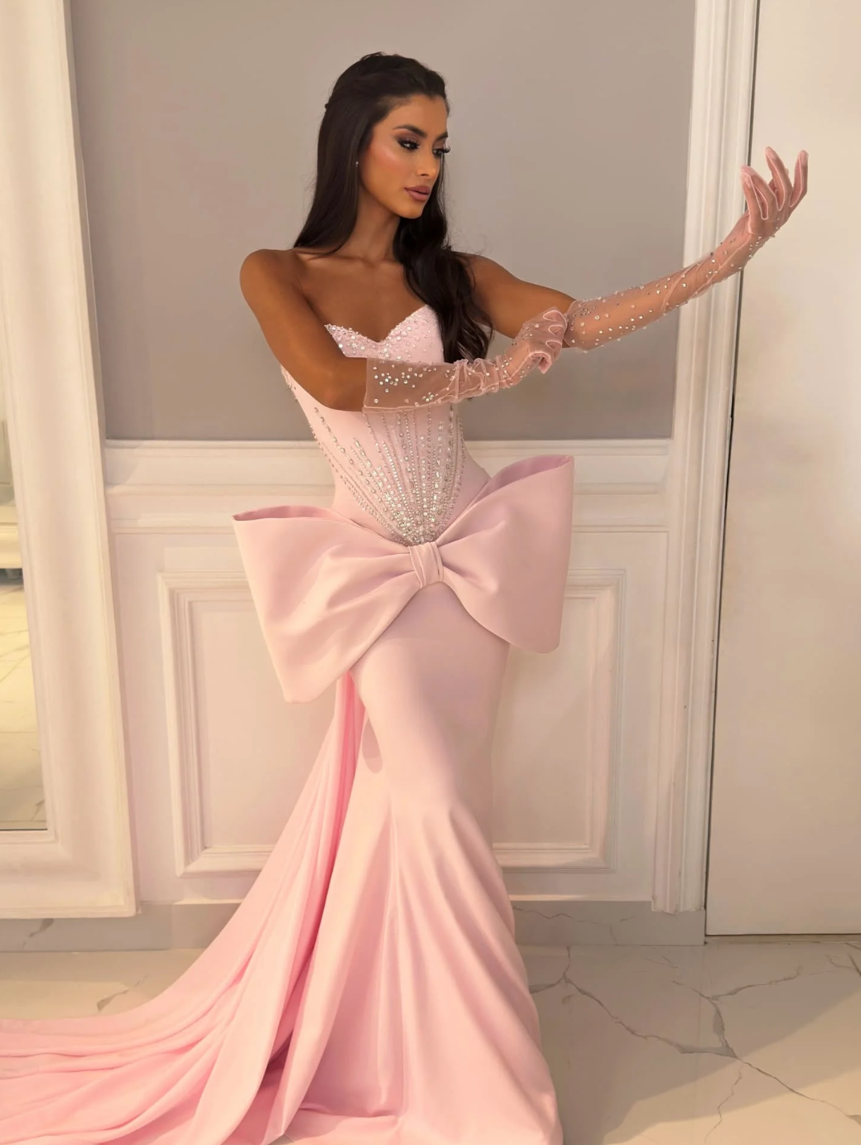 Pink Strapless Mermaid Gown with Oversized Bow | Evening Dress