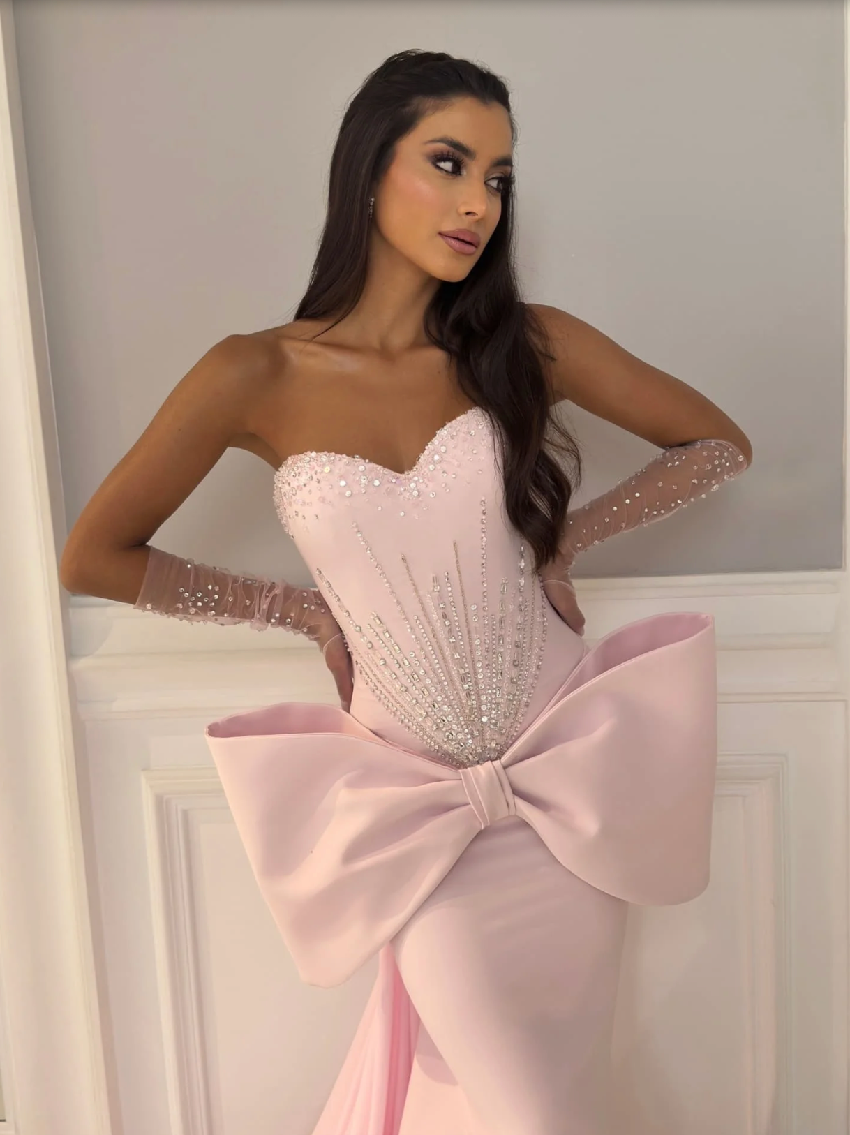 Pink Strapless Mermaid Gown with Oversized Bow | Evening Dress