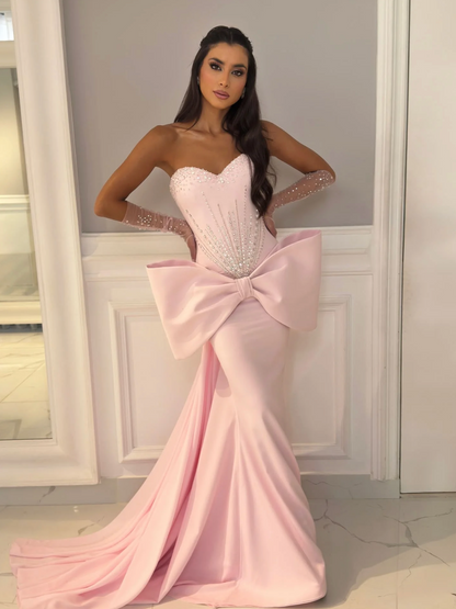 Pink Strapless Mermaid Gown with Oversized Bow | Evening Dress
