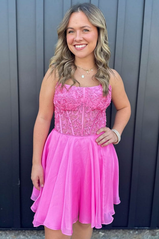 Pink A-Line Strapless Lace Top Short Tulle Homecoming Dress