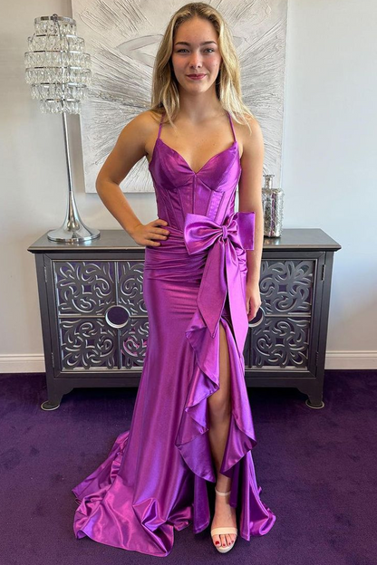 Spaghetti Straps V-Neck Ruffles with Train Evening Dress Formal Party Prom Gown