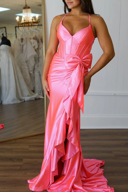 Spaghetti Straps V-Neck Ruffles with Train Evening Dress Formal Party Prom Gown