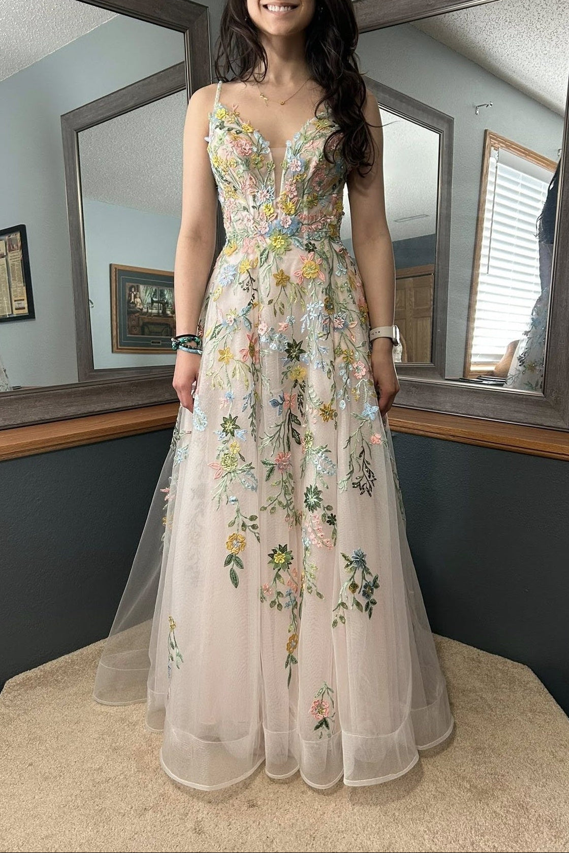 Plunge Neck Ivory Floral Appliques Long Dress with Slit