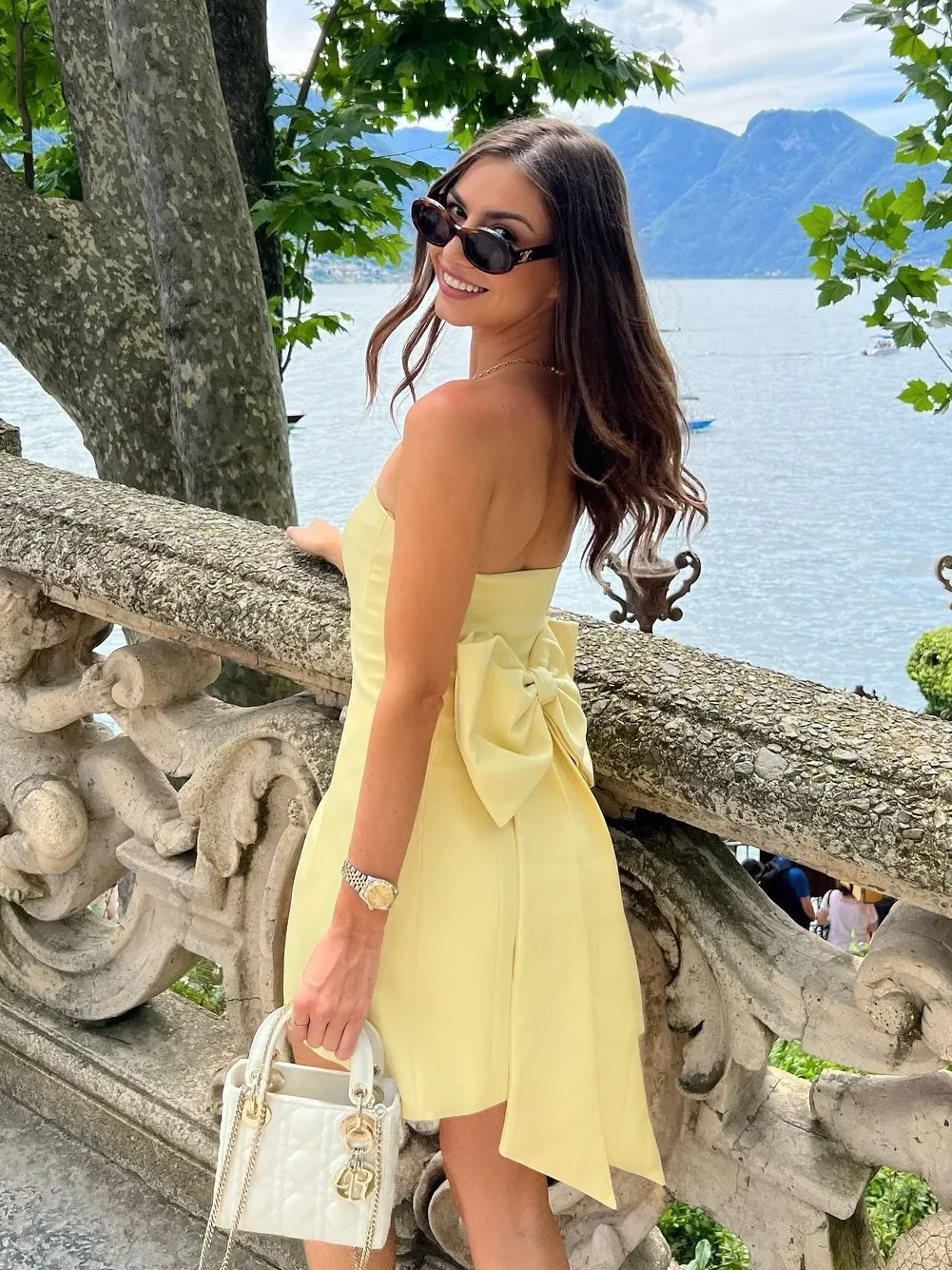 Pretty Sheath Strapless Yellow Satin Short Homecoming Dress with Bowknot