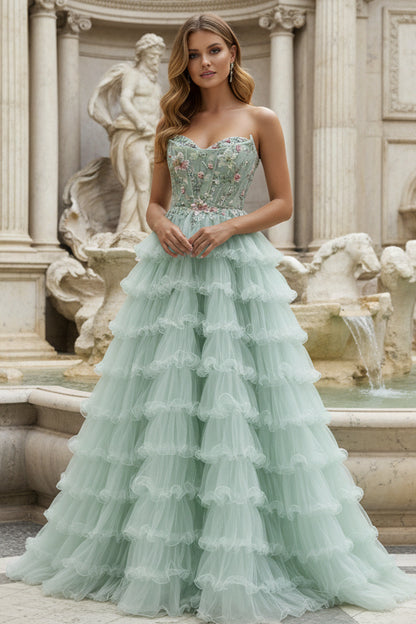 Princess Mint Green Tiered Tulle Prom Dress with Floral Embroidered Corset