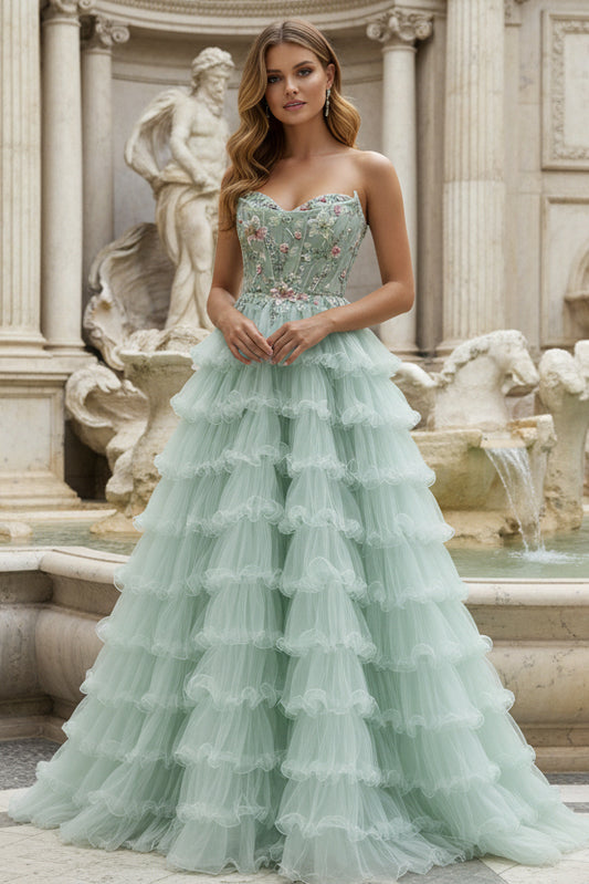 Princess Mint Green Tiered Tulle Prom Dress with Floral Embroidered Corset