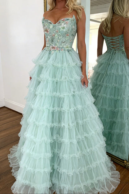 Princess Mint Green Tiered Tulle Prom Dress with Floral Embroidered Corset