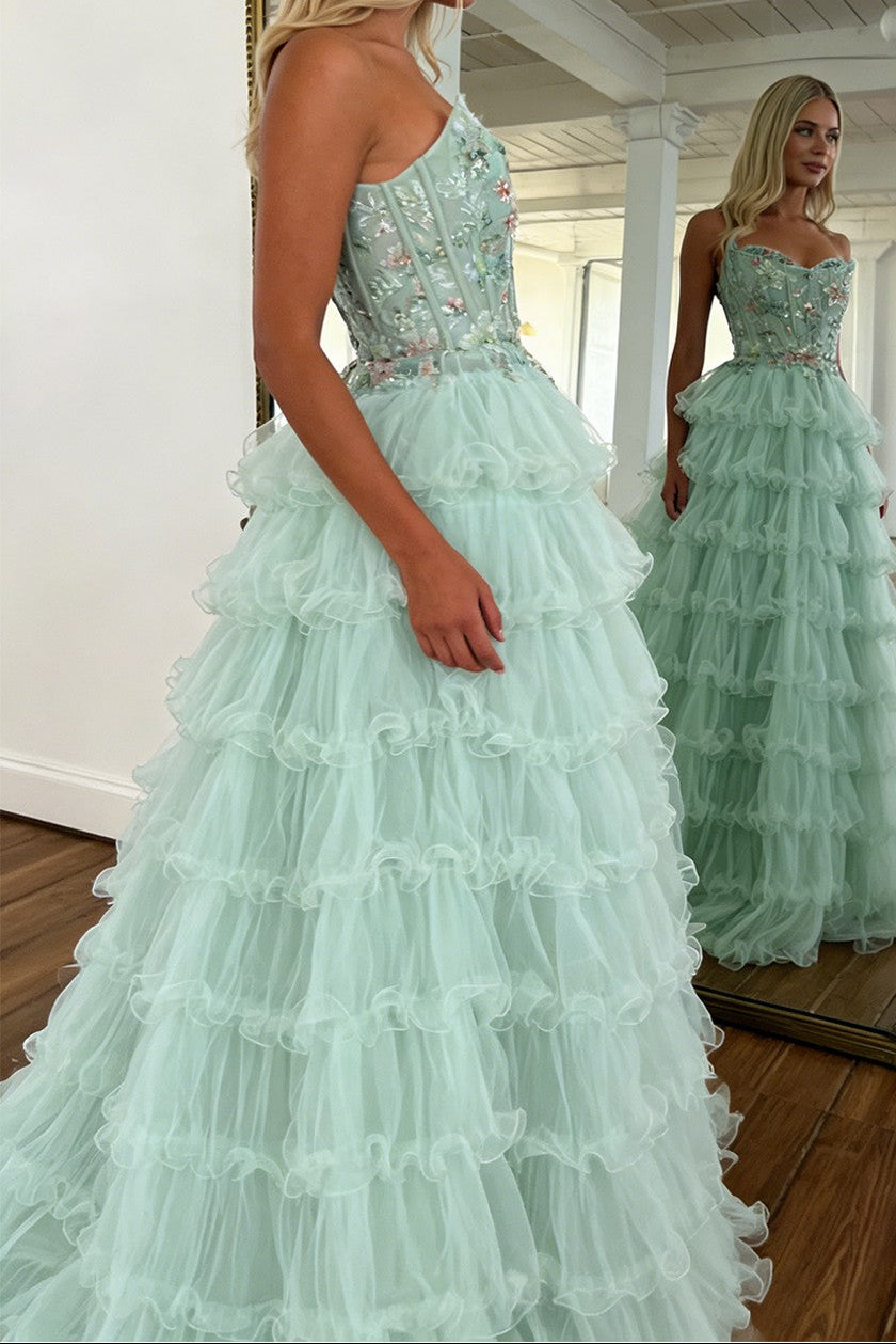 Princess Mint Green Tiered Tulle Prom Dress with Floral Embroidered Corset
