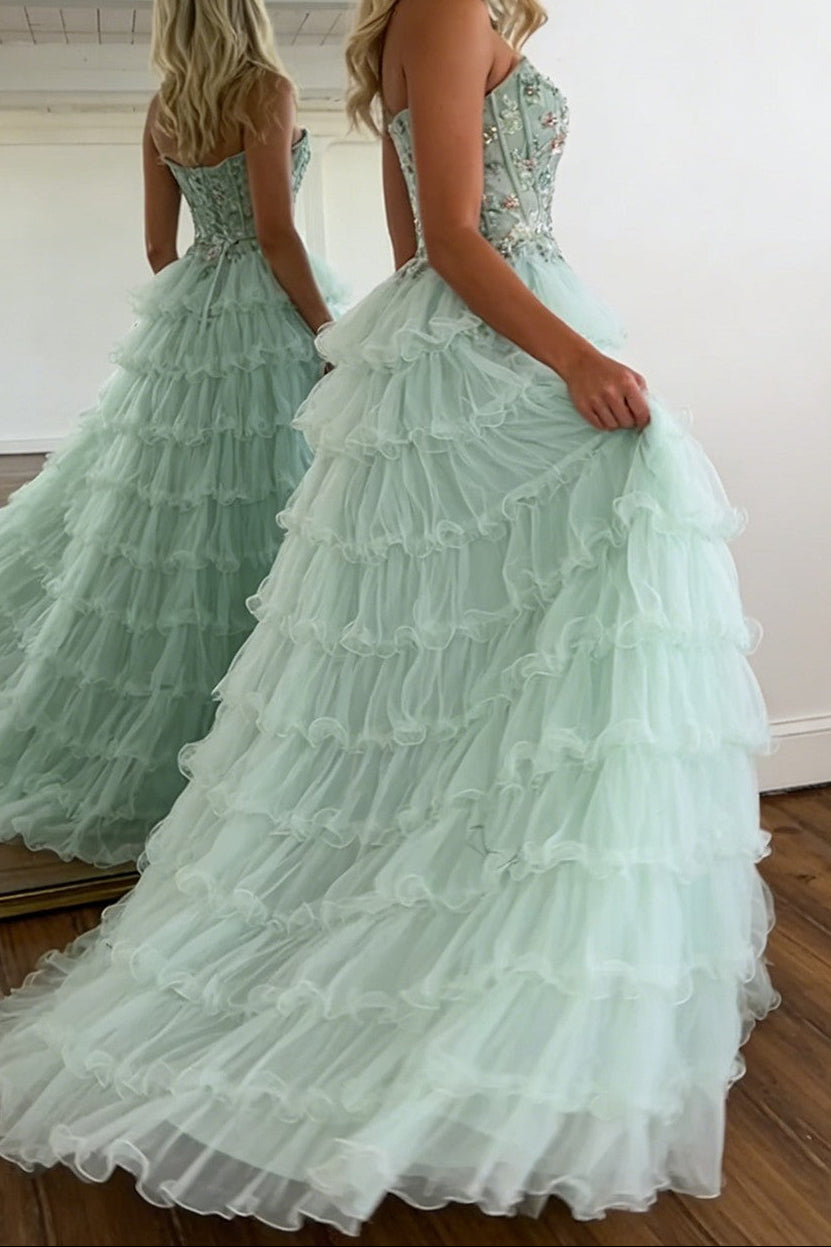 Princess Mint Green Tiered Tulle Prom Dress with Floral Embroidered Corset