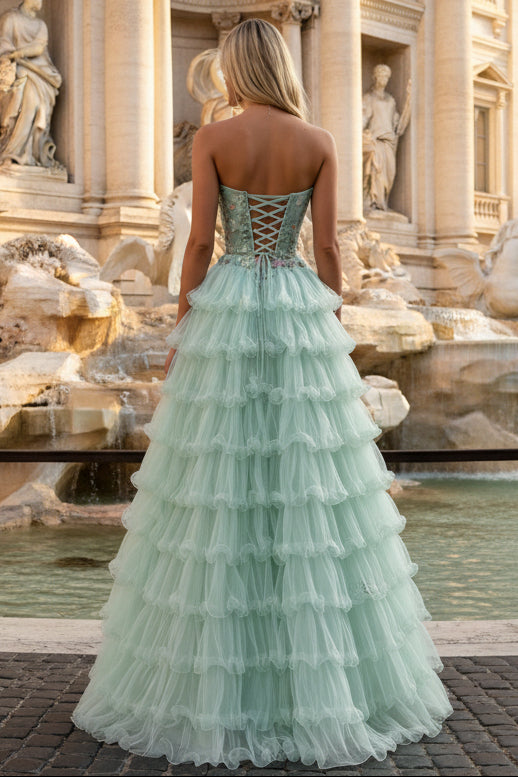 Princess Mint Green Tiered Tulle Prom Dress with Floral Embroidered Corset