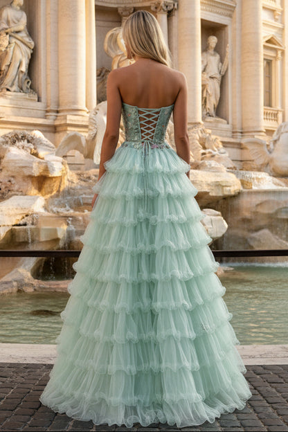 Princess Mint Green Tiered Tulle Prom Dress with Floral Embroidered Corset