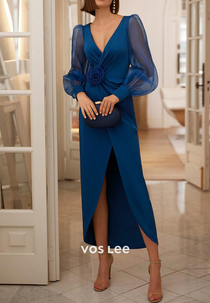 Long Sleeve Tulle V Neck Flowers Tea-Length Pleated Sheath Mother of Bride Dresses
