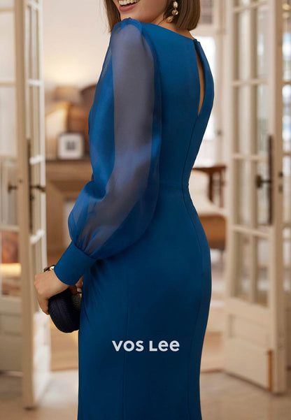 Long Sleeve Tulle V Neck Flowers Tea-Length Pleated Sheath Mother of Bride Dresses