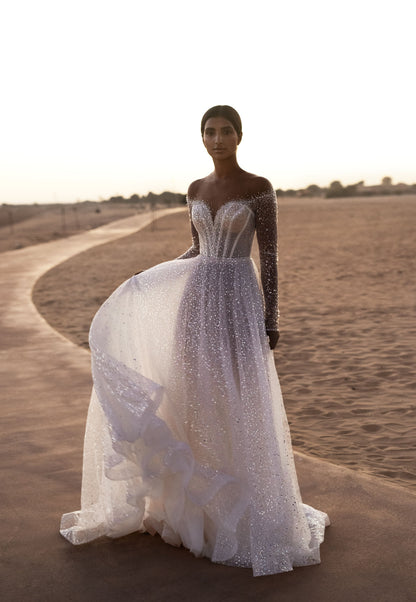 Elegant A-Line Beads Wedding Dress with Long Sleeves