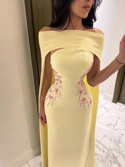 Cape Evening Gown with Floral Waist Embroidery