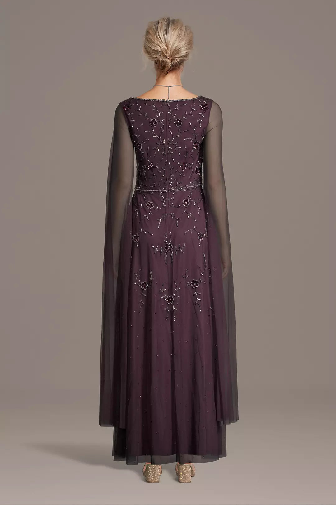 Plum Purple Beaded Evening Dress with Cape | Floor-Length Formal Gown with Sequin Detail