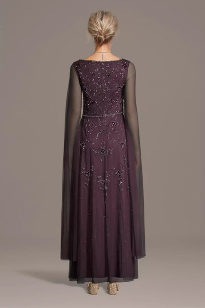 Plum Purple Beaded Evening Dress with Cape | Floor-Length Formal Gown with Sequin Detail