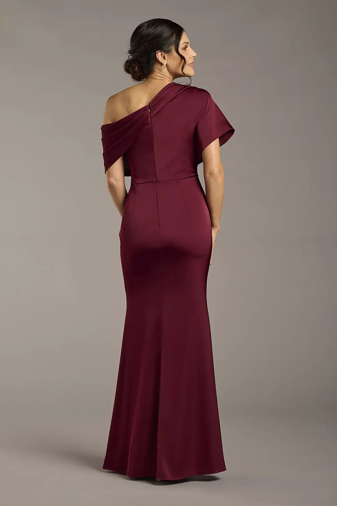 Burgundy Satin Off-Shoulder Evening Dress | Elbow Sleeve Floor-Length Sheath Formal Gown
