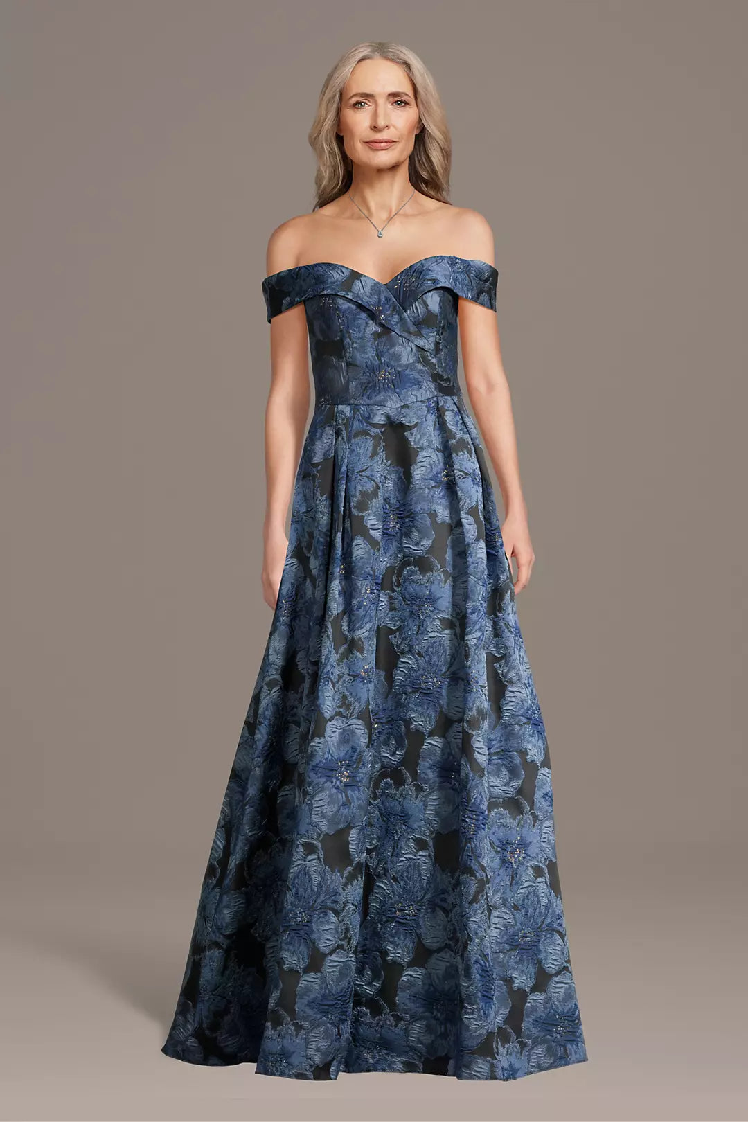 Navy Blue Off-Shoulder Floral Evening Dress | 3D Applique Floor-Length A-Line Formal Gown
