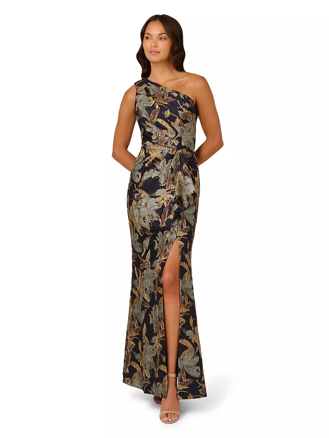 Black Floral One-Shoulder Evening Dress | Long Sleeve A-Line Floor-Length Formal Gown