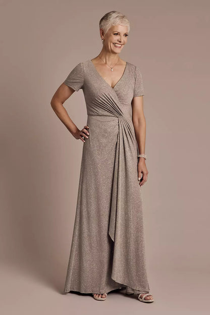 V-Neck Mother of the Bride Dress | Short Sleeve Floor-Length A-Line Gown with Wrap Waist