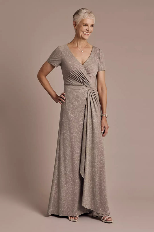 V-Neck Mother of the Bride Dress | Short Sleeve Floor-Length A-Line Gown with Wrap Waist