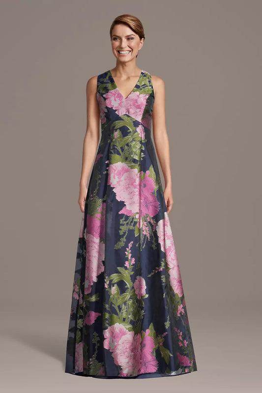 Pink Floral Print V-Neck Evening Dress | Sleeveless A-Line Floor-Length Formal Gown