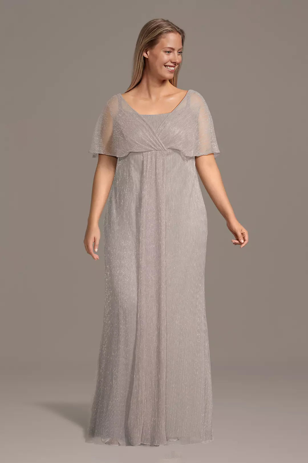 Plus Size Gray Modest Formal Dress | Flutter Sleeve Long Mother of Groom Gown