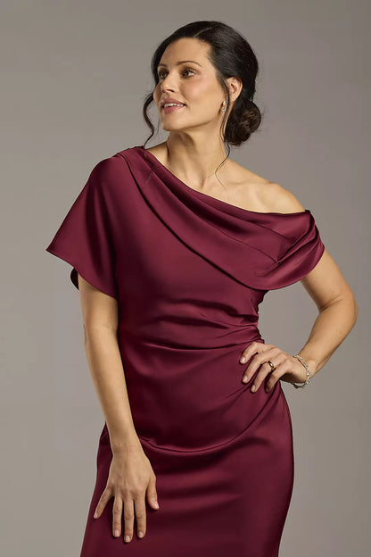 Burgundy Satin Off-Shoulder Evening Dress | Elbow Sleeve Floor-Length Sheath Formal Gown