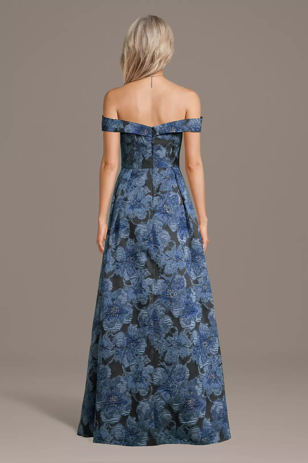 Navy Blue Off-Shoulder Floral Evening Dress | 3D Applique Floor-Length A-Line Formal Gown