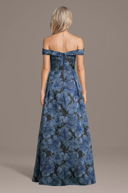 Navy Blue Off-Shoulder Floral Evening Dress | 3D Applique Floor-Length A-Line Formal Gown