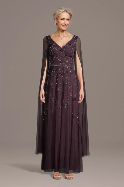 Plum Purple Beaded Evening Dress with Cape | Floor-Length Formal Gown with Sequin Detail