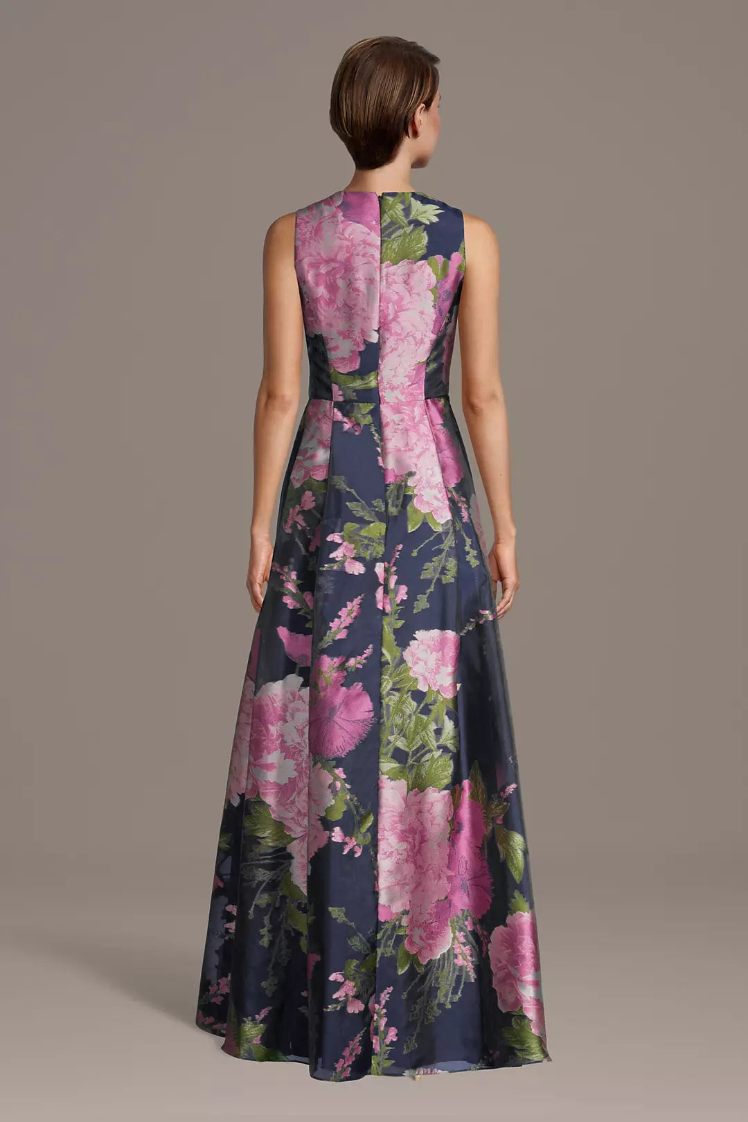 Pink Floral Print V-Neck Evening Dress | Sleeveless A-Line Floor-Length Formal Gown