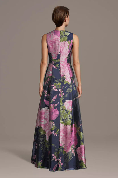 Pink Floral Print V-Neck Evening Dress | Sleeveless A-Line Floor-Length Formal Gown