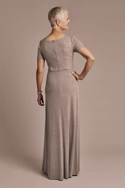 V-Neck Mother of the Bride Dress | Short Sleeve Floor-Length A-Line Gown with Wrap Waist