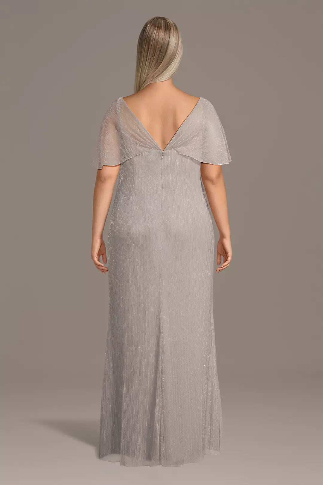 Plus Size Gray Modest Formal Dress | Flutter Sleeve Long Mother of Groom Gown