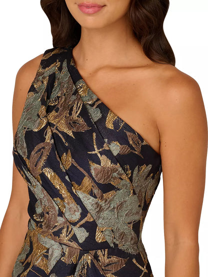 Black Floral One-Shoulder Evening Dress | Long Sleeve A-Line Floor-Length Formal Gown