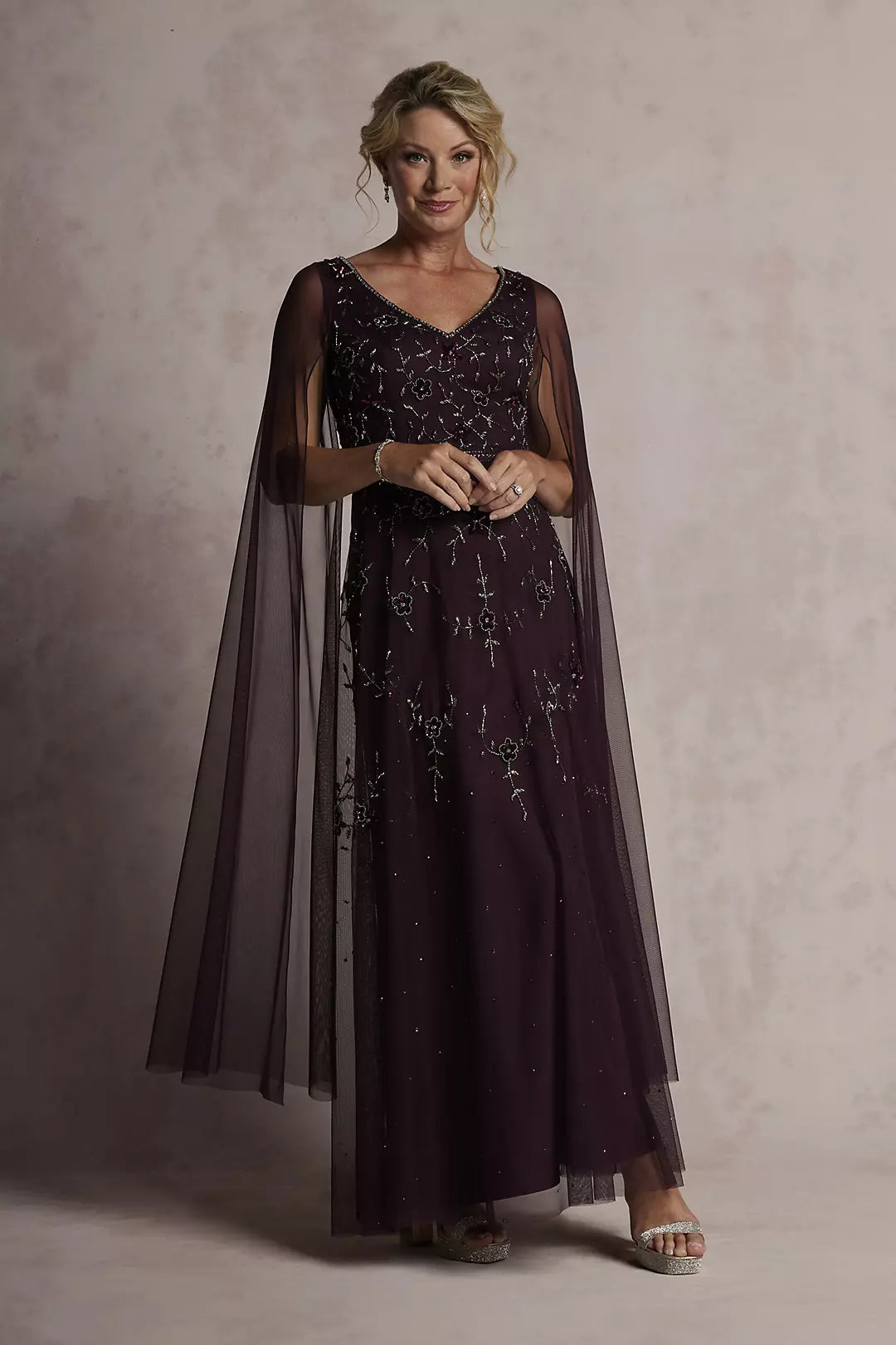 Plum Purple Beaded Evening Dress with Cape | Floor-Length Formal Gown with Sequin Detail