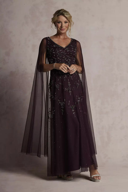 Plum Purple Beaded Evening Dress with Cape | Floor-Length Formal Gown with Sequin Detail
