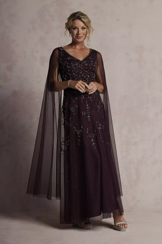 Plum Purple Beaded Evening Dress with Cape | Floor-Length Formal Gown with Sequin Detail