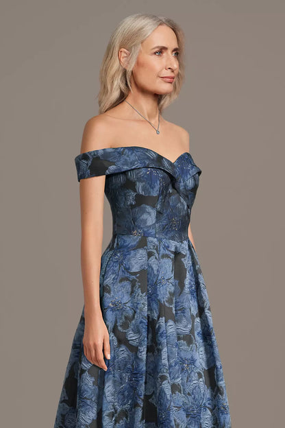 Navy Blue Off-Shoulder Floral Evening Dress | 3D Applique Floor-Length A-Line Formal Gown
