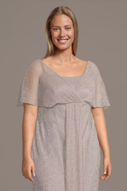 Plus Size Gray Modest Formal Dress | Flutter Sleeve Long Mother of Groom Gown
