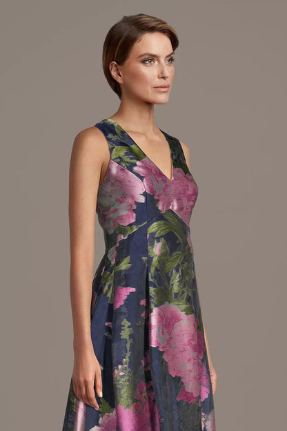 Pink Floral Print V-Neck Evening Dress | Sleeveless A-Line Floor-Length Formal Gown
