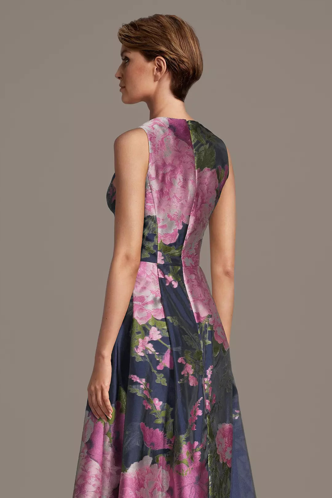 Pink Floral Print V-Neck Evening Dress | Sleeveless A-Line Floor-Length Formal Gown