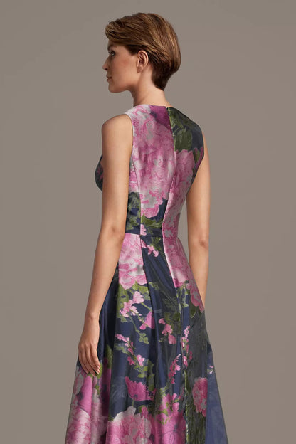 Pink Floral Print V-Neck Evening Dress | Sleeveless A-Line Floor-Length Formal Gown