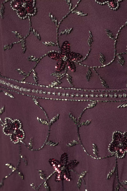 Plum Purple Beaded Evening Dress with Cape | Floor-Length Formal Gown with Sequin Detail
