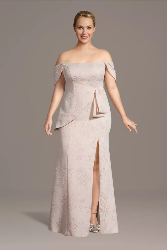 Blush Pink Off-Shoulder Evening Dress | Floor-Length Formal Gown with High Slit and Draping